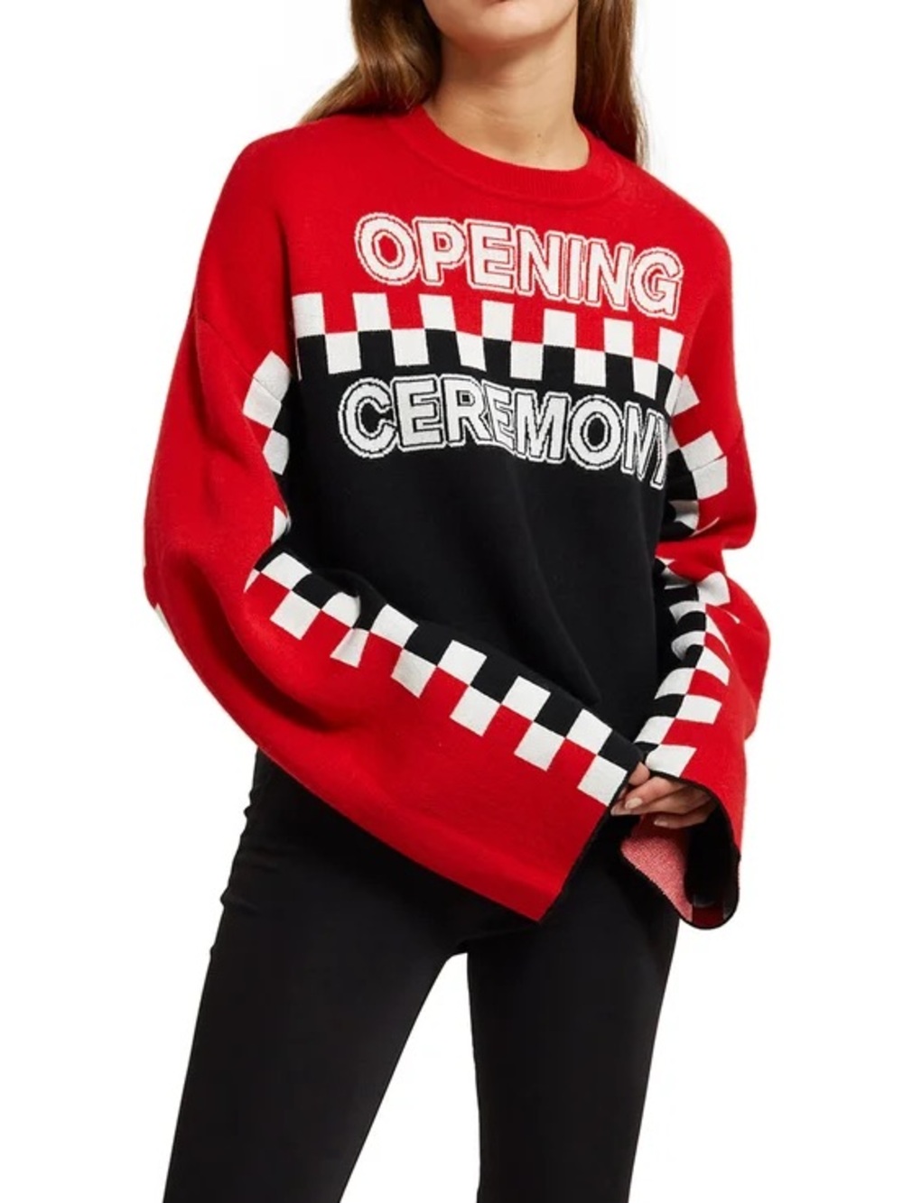 Opening Ceremony Red & Black Checker Racer Intarsia Wool Knit Crewneck Sweater